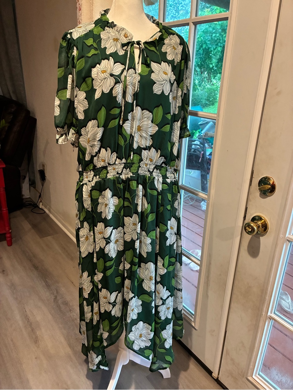 Draper James Dark Green Floral Tie-Neck Midi Dress